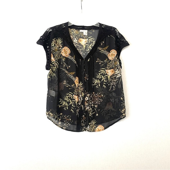 Anthropologie Meadow Rue Floral Crochet Sleeve Black Sheer Blouse - Picture 3 of 9